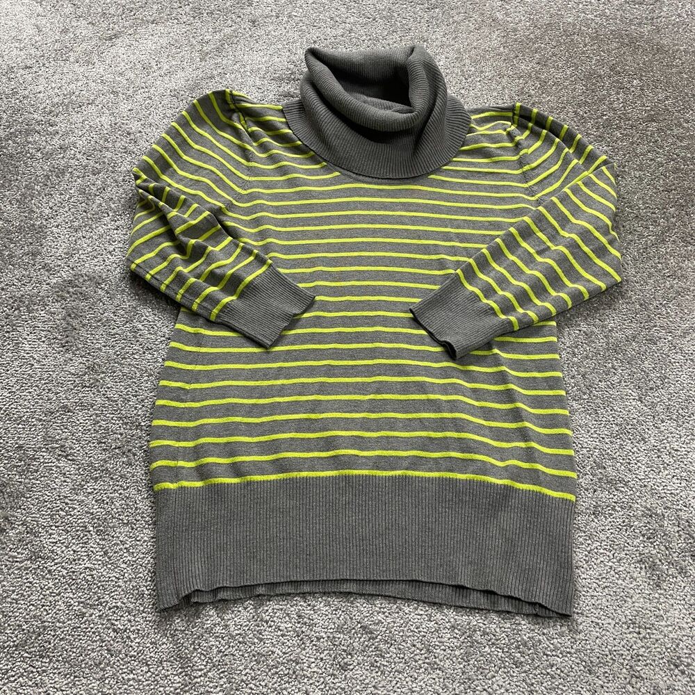 One A Sweater Womens Large Gray Yellow Striped Cowl Neck Long Sleeve Knit Casual